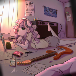 Size: 4000x4000 | Tagged: safe, artist:potato22, sweetie belle, unicorn, anthro, plantigrade anthro, g4, absurd resolution, amplifier, barefoot, bedroom, calendar, cellphone, chromatic aberration, clothes, computer, electric guitar, eye clipping through hair, eyebrows, eyebrows visible through hair, feet, female, film grain, fisheye lens, guitar, guitar pick, headphones, horn, indoors, laptop computer, looking at you, lying down, musical instrument, no tail, older, older sweetie belle, on floor, one leg raised, paper, phone, prone, raised leg, rubik's cube, shirt, shorts, signature, slice of life, solo, speaker, sweetie belle's cutie mark, tattoo, window