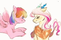 Size: 1436x938 | Tagged: safe, artist:gulixingenatasha, draconequus, pegasus, pony, duo, grin, multicolored hair, pink coat, pink mane, rainbow hair, simple background, smiling, white background, yellow coat