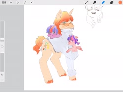 Size: 2048x1536 | Tagged: safe, artist:gulixingenatasha, pony, unicorn, art program in frame, female, filly, foal, horn, orange coat, procreate app, trio