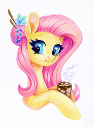 Size: 937x1268 | Tagged: safe, artist:maytee, fluttershy, pegasus, pony, g4, bust, colored pencil drawing, cup, female, food, looking at you, mare, portrait, smiling, smiling at you, solo, tea, teacup, traditional art