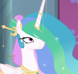 Size: 750x719 | Tagged: safe, artist:gulixingenatasha, princess celestia, alicorn, pony, g4, alternate hairstyle, celestia is not amused, ethereal mane, female, frown, horn, horn jewelry, i can't believe it's not hasbro studios, jewelry, long mane, mare, peytral, show accurate, solo, unamused