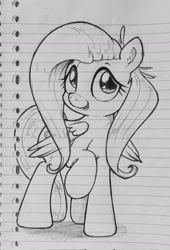 Size: 1392x2048 | Tagged: safe, artist:whiskeypanda, fluttershy, pegasus, pony, g4, cute, ink drawing, lined paper, looking at you, open mouth, raised hoof, shyabetes, smiling, solo, traditional art