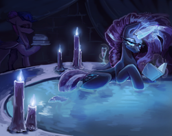 Size: 3800x3000 | Tagged: safe, alternate version, artist:anastas, part of a set, nightmare rarity, oc, oc:sagitta, pony, unicorn, series:ask nightmare rarity, g4, ask, bath, bathing, book, candle, candlelight, comic, cyrillic, ethereal mane, eyeshadow, fangs, female, flowing mane, flowing tail, holding, horn, looking at you, magic, magic aura, makeup, mare, mlp art ask (ru), nightmarified, partially submerged, slit pupils, solo, speech bubble, starry mane, sternocleidomastoid, tail, water