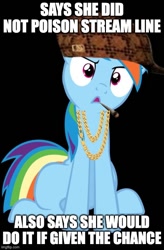 Size: 500x762 | Tagged: safe, rainbow dash, elements of justice, g4, caption, hat, image macro, scumbag hat, text