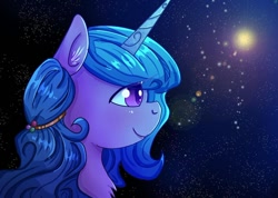 Size: 1080x769 | Tagged: safe, artist:shakoba, izzy moonbow, pony, unicorn, g5, bust, female, horn, lens flare, mare, night, night sky, portrait, sky, solo, stars