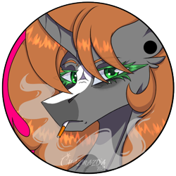 Size: 600x600 | Tagged: safe, artist:chazmazda, oc, oc only, pony, unicorn, backwards cigarette, bags under eyes, blaze (coat marking), cel shading, cigarette, cigarette smoke, coat markings, colored eyelashes, commission, curved horn, ear piercing, earring, eye clipping through hair, eyebrows, eyebrows visible through hair, facial markings, frown, gauges, gray coat, green eyelashes, green eyes, horn, jewelry, lidded eyes, lineart, long hair, long muzzle, looking at you, narrowed eyes, orange mane, piercing, shading, shiny mane, simple background, smoke, smoking, snip (coat marking), transparent background, unicorn oc, watermark