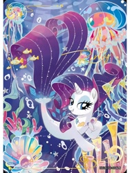 Size: 1080x1440 | Tagged: safe, rarity, fish, jellyfish, pony, seapony (g4), series:卡游辉月六, g4, my little pony: the movie, official, beautiful, bioluminescent, bubble, card, coral, cute, dorsal fin, english, eyelashes, eyeshadow, female, fin, fish tail, flowing mane, flowing tail, gem, happy, horn, jewelry, kayou, lidded eyes, makeup, merchandise, necklace, ocean, open mouth, open smile, pearl, scales, seaponified, seapony rarity, seaquestria, seashell, seashell necklace, seaweed, smiling, solo, sparkles, species swap, stars, swimming, tail, text, trading card, underwater, water