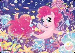 Size: 2027x1440 | Tagged: safe, pinkie pie, earth pony, fish, jellyfish, pony, seapony (g4), series:卡游辉月六, g4, my little pony: the movie, official, bubble, card, coral, dorsal fin, english, female, fin, fish tail, flowing mane, flowing tail, kayou, merchandise, ocean, open mouth, open smile, pearl, seaponified, seapony pinkie pie, seashell, seaweed, smiling, solo, species swap, swimming, tail, text, trading card, underwater, water