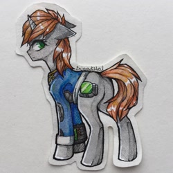 Size: 2048x2048 | Tagged: safe, artist:dethscript, oc, oc only, oc:littlepip, pony, unicorn, fallout equestria, butt, clothes, colored pencil drawing, fanfic art, female, floppy ears, horn, jumpsuit, looking back, mare, paper pony, photo, pipbuck, pipbutt, plot, side view, signature, solo, traditional art, unicorn oc, vault suit