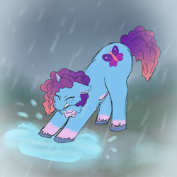 Size: 1068x1068 | Tagged: safe, artist:fallenrain40, misty brightdawn, pony, unicorn, g5, chest fluff, eyes closed, female, floppy ears, freckles, horn, mare, puddle, rain, rebirth misty, solo, splashing, stretching