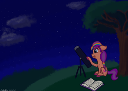 Size: 1280x905 | Tagged: safe, artist:gosupermarinespitfire, sunny starscout, earth pony, pony, g5, book, cloud, female, mane stripe sunny, mare, night, night sky, outdoors, sitting, sky, solo, stargazing, stars, telescope, tongue out, tree