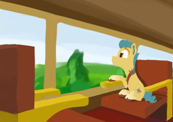 Size: 1280x905 | Tagged: safe, artist:gosupermarinespitfire, hitch trailblazer, earth pony, pony, g5, looking out the window, male, sitting, solo, stallion, train