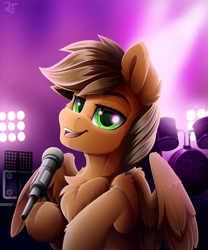 Size: 2500x3000 | Tagged: safe, artist:rainbowfire, oc, oc only, oc:jacky breeze, pegasus, pony, chest fluff, commission, concert, cute, drums, fluffy, green eyes, looking at you, male, microphone, musical instrument, raised hoof, scene, singing, smiling, solo, spread wings, stallion, wings