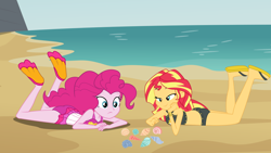 Size: 3840x2160 | Tagged: safe, artist:shieldwingarmorofgod, pinkie pie, sunset shimmer, human, equestria girls, g4, beach, bikini, bikini bottom, bikini top, clothes, female, lying down, one-piece swimsuit, pinkie pie swimsuit, prone, seashell, sunset shimmer swimsuit, sunset shimmer's beach shorts swimsuit, swimsuit