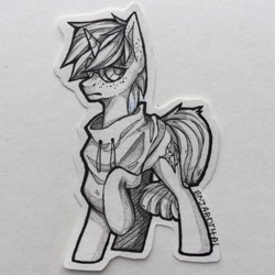 Size: 2048x2048 | Tagged: safe, artist:dethscript, oc, oc only, pony, unicorn, clothes, freckles, glasses, horn, jumpsuit, looking at you, paper pony, pencil drawing, photo, raised hoof, signature, solo, traditional art, unicorn oc, vault suit