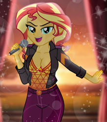 Size: 1741x2000 | Tagged: safe, artist:emeraldblast63, sunset shimmer, equestria girls, g4, belt buckle, breasts, busty sunset shimmer, cleavage, clothes, female, jacket, lidded eyes, microphone, open mouth, pants, singing, solo, stupid sexy sunset shimmer