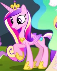 Size: 312x390 | Tagged: safe, screencap, princess cadance, princess celestia, spike, alicorn, pony, equestria games (episode), g4, season 4, concave belly, cropped, crown, female, hoof shoes, jewelry, mare, offscreen character, peytral, raised hoof, regalia, slender, solo focus, tail, thin, trio