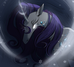 Size: 1178x1062 | Tagged: safe, artist:melodylibris, rarity, unicorn, wendigo, g4, bust, female, gem, glowing, glowing eyes, horn, long horn, looking at you, mare, solo, species swap