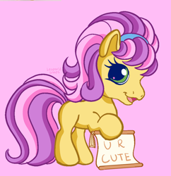 Size: 2022x2089 | Tagged: safe, artist:leopardsnaps, mayor flitter flutter, earth pony, pony, g3, g3.5, :d, cute, g3betes, headband, holding sign, open mouth, open smile, pink background, scroll, simple background, sketch, smiling, solo, talking to viewer