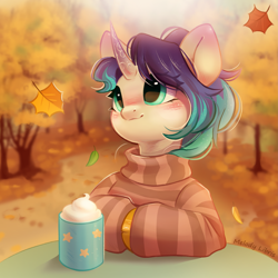 Size: 2749x2749 | Tagged: safe, artist:melodylibris, oc, oc only, pony, unicorn, autumn, blushing, chocolate, clothes, cloven hooves, drink, ear blush, eye clipping through hair, falling leaves, female, food, high res, horn, hot chocolate, leaves, looking up, mare, outdoors, solo, striped sweater, sweater, tree, turtleneck, whipped cream