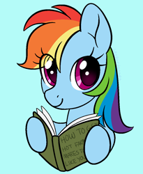 Size: 900x1100 | Tagged: safe, alternate version, artist:leopardsnaps, rainbow dash, pegasus, pony, g4, blue background, book, cute, dashabetes, implied appledash, implied lesbian, implied shipping, looking at you, simple background, smiling, solo