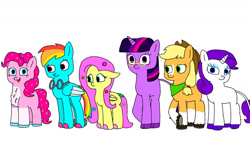 Size: 1280x720 | Tagged: safe, artist:coolgear10, applejack, fluttershy, pinkie pie, rainbow dash, rarity, twilight sparkle, earth pony, pegasus, pony, unicorn, g4, floppy ears, flower, fluttershy is short, fluttershy is smol, glasses, headcanon, headcanon in the description, horn, mane six, petiteshy, simple background, smolshy, unicorn twilight, white background