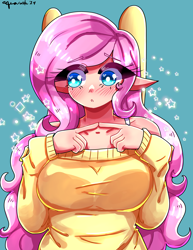 Size: 2550x3300 | Tagged: safe, artist:mylittleyuri, fluttershy, human, g4, blue background, blushing, bra, bra strap, breasts, busty fluttershy, clothes, cute, elf ears, female, humanized, shyabetes, simple background, solo, sweater, sweatershy, underwear, winged humanization, wings