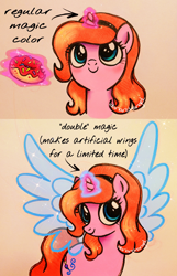 Size: 1320x2048 | Tagged: safe, artist:dariarchangel, oc, oc only, oc:dazha, pony, unicorn, g4, adorable face, artificial wings, augmented, big eyes, blue eyes, blue wings, bust, cute, cute face, donut, female, female oc, food, hairband, horn, large wings, levitation, looking up, magic, magic aura, magic wings, ocbetes, orange hair, orange mane, orange tail, pink coat, pony oc, portrait, small horn, smiling, solo, sparkles, sprinkles, tail, telekinesis, text, traditional art, transparent wings, two toned magic, unicorn horn, unicorn oc, wings