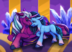 Size: 2300x1665 | Tagged: safe, artist:arky2000, misty brightdawn, opaline arcana, alicorn, pony, unicorn, g5, a better ending for opaline arcana, couch, crystal, cuddling, duo, duo female, eyes closed, female, harsher in hindsight, heartwarming, horn, if only, mama opaline, mare, motherly, motherly love, nicealine, nuzzling, opaline's dark castle, reformed villain, spanish description, what if