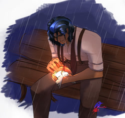 Size: 1700x1600 | Tagged: safe, artist:btanimator, king sombra, bird, human, g4, bench, clothes, good king sombra, humanized, magic, male, necktie, park bench, rain, rolled up sleeves, sitting, smiling, solo, tan skin, wet hair