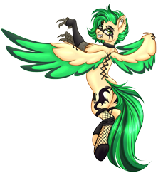 Size: 1573x1668 | Tagged: safe, artist:mxiiisy, oc, oc only, oc:joystick (joystick), hippogriff, collar, ear piercing, female, glasses, goth, hippogriff oc, industrial piercing, piercing, simple background, solo, spread wings, transparent background, wings