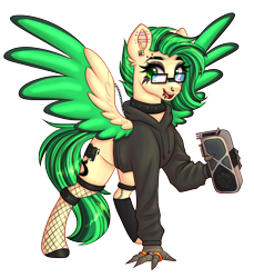 Size: 1554x1700 | Tagged: safe, artist:mxiiisy, oc, oc only, oc:joystick (joystick), hippogriff, clothes, collar, female, fishnet clothing, fishnet stockings, glasses, graphics card, hippogriff oc, hoodie, pride, pride flag, simple background, solo, stockings, thigh highs, trans female, transgender, transgender pride flag, transparent background