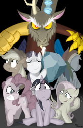 Size: 750x1150 | Tagged: safe, artist:siemensohm, applejack, discord, fluttershy, pinkie pie, rainbow dash, rarity, tom, twilight sparkle, draconequus, earth pony, pegasus, pony, unicorn, g4, my little pony: friendship is magic, the return of harmony, 2013, crying, discorded, female, floppy ears, horn, male, mane six, mare, rock, unicorn twilight