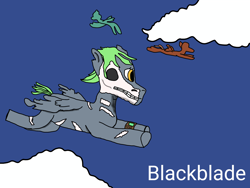 Size: 4096x3072 | Tagged: safe, artist:blackblade360, oc, oc only, oc:dasher (blackblade360), ghoul, pegasus, pony, undead, zombie, zombie pony, fallout equestria, 2024, cloud, digital art, exposed bone, female, filly, filly oc, flying, foal, gray coat, green mane, ibispaint x, pegasus oc, pipbuck, signature, skull, sky, spread wings, wings, yellow eyes