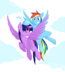 Size: 763x843 | Tagged: safe, artist:siemensohm, rainbow dash, twilight sparkle, alicorn, pegasus, pony, g4, 2014, duo, duo female, female, flying, lesbian, old art, ship:twidash, shipping, sky background, twilight sparkle (alicorn)