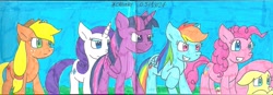 Size: 2338x816 | Tagged: safe, artist:cmara, applejack, fluttershy, pinkie pie, rainbow dash, rarity, twilight sparkle, alicorn, earth pony, pegasus, unicorn, g4, female, horn, mane six, marker drawing, traditional art