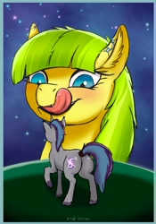 Size: 1668x2388 | Tagged: safe, artist:xyi, oc, oc only, oc:lemon drop, oc:verlo streams, earth pony, unicorn, butt, drool, duo, horn, imminent vore, licking, licking lips, macro, night, plot, size difference, sketch, stars, tongue out