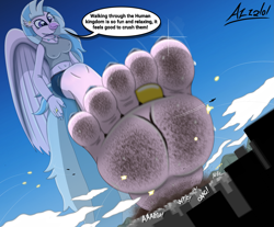 Size: 2715x2250 | Tagged: safe, artist:az12lol, silverstream, classical hippogriff, hippogriff, anthro, plantigrade anthro, g4, barefoot, barefooting, big feet, city, cityscape, crush fetish, crushed, crushing, dirt, dirty, dirty feet, feet, female, fetish, foot fetish, foot focus, giant hippogriff, giant/macro hippogriff, giantess, implied human, jewelry, macro, macro/micro, mega giant, nail polish, ring, soles, solo, stomp, stomping, sweat, sweaty feet, toe ring, toenail polish, toenails, toes, underfoot