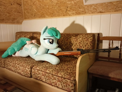 Size: 4080x3072 | Tagged: safe, artist:epicrainbowcrafts, spring melody, sprinkle medley, pegasus, pony, g4, bow, clothes, couch, gun, indoors, irl, life size, photo, plushie, rifle, socks, solo, tail, tail bow, weapon