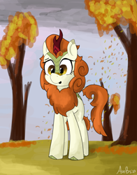 Size: 1298x1657 | Tagged: safe, artist:aubs, artist:derpy_fan, autumn blaze, kirin, g4, autumn, autumn blaze and autumn, awwtumn blaze, cloven hooves, cute, female, leaves, name pun, newbie artist training grounds, outdoors, solo, tree