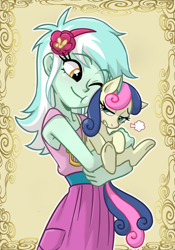 Size: 1750x2500 | Tagged: safe, artist:ta-na, bon bon, lyra heartstrings, sweetie drops, earth pony, human, pony, equestria girls, g4, bon bon is not amused, clothes, cute, cutie mark on clothes, dress, duo, duo female, female, hairband, holding a pony, hug, hugging a pony, looking back, looking down, lyrabetes, nuzzling, one eye closed, pocket, smiling, thin, unamused