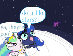 Size: 588x454 | Tagged: safe, artist:gcruz115, princess celestia, princess luna, twilight sparkle, alicorn, pony, g4, digital art, do u like stars?, duo focus, pixel art, space, stars, trio, twilight sparkle (alicorn)