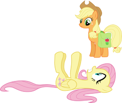 Size: 3556x3000 | Tagged: safe, artist:cloudy glow, applejack, fluttershy, earth pony, pegasus, pony, dragonshy, g4, applejack's hat, bag, cowboy hat, duo, duo female, female, hat, lying down, mare, prone, saddle bag, simple background, transparent background