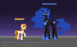 Size: 3336x2072 | Tagged: safe, artist:lucarioshirona, nightmare moon, oc, oc:copper moon, g4, concave belly, dialogue, duo, duo female, female, gradient background, height difference, long legs, mare, physique difference, slender, tall, thin, video game