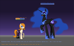 Size: 3336x2072 | Tagged: safe, artist:lucarioshirona, nightmare moon, oc, oc:copper moon, pony, g4, concave belly, dialogue, duo, duo female, female, gradient background, height difference, hypnosis, long legs, mare, physique difference, shadowbolts, slender, tall, thin, video game