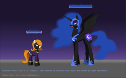 Size: 3336x2072 | Tagged: safe, artist:lucarioshirona, nightmare moon, oc, oc:copper moon, pony, g4, concave belly, defeated, dialogue, duo, duo female, female, gradient background, height difference, hypnosis, long legs, mare, physique difference, shadowbolts, slender, tall, thin, video game