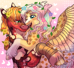 Size: 1280x1180 | Tagged: safe, artist:malinraf1615, big macintosh, fluttershy, earth pony, pegasus, pony, g4, alternate design, blaze (coat marking), blushing, coat markings, duo, duo male and female, ear tufts, facial markings, female, flower, flower in hair, hug, leg wraps, male, mare, one eye closed, open mouth, open smile, pale belly, ship:fluttermac, shipping, smiling, socks (coat markings), spread wings, stallion, straight, wings