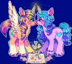 Size: 500x450 | Tagged: safe, artist:suippumato, izzy moonbow, sunny starscout, alicorn, earth pony, pony, unicorn, g5, my little pony: a new generation, blue background, blushing, boop, coat markings, digital art, drawing, duo, duo female, female, glowing, glowing horn, heart, horn, lesbian, lidded eyes, looking at each other, looking at someone, magic, mane stripe sunny, mare, noseboop, paper, pixel art, princess sunny starscout, race swap, ship:moonscout, shipping, simple background, socks (coat markings), spread wings, sunnycorn, wings