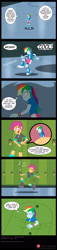 Size: 900x3968 | Tagged: safe, artist:niban-destikim, rainbow dash, scootaloo, human, equestria girls, g4, 2d, boots, canterlot high, clothes, commission, compression shorts, cutie mark on clothes, dialogue, female, hallway, handheld, hoodie, jacket, lockers, micro, multicolored hair, patreon, patreon logo, rainbow hair, shirt, shoes, short sleeves, skirt, thunderbolt, word bubble, wristband