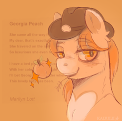 Size: 1775x1757 | Tagged: safe, artist:kaijulii, oc, oc only, earth pony, cowboy hat, female, hat, mare, orange background, orange coat, orange eyes, orange fur, orange mane, simple background, solo, straw in mouth, text